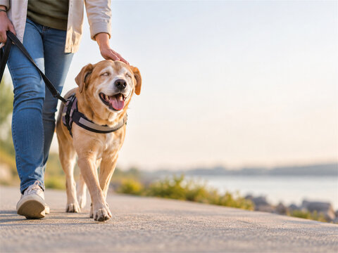 Blind rescue dog walking confidently beside a caregiver on a sunny waterfront path showing trust mobility support inclusive pet adoption and a hopeful second chance for visually impaired animals