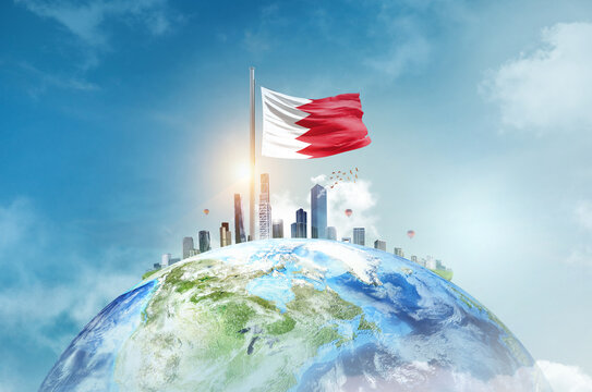 Bahrain flag waving on world with modern cityscape. Bahrain national flag for independence day.