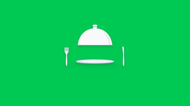Premium 2D loop of a modern restaurant cloche icon lifting to reveal glowing steam. Precise geometry on a clean green background, ideal for culinary tech video presentations.