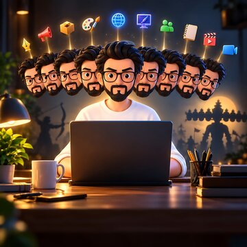 A digital artist multitasking with multiple glowing creative icons floating above a laptop at a desk.