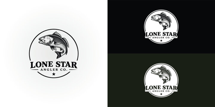 A circular, black-and-white emblem featuring a detailed image of a leaping fish above the bold text 'LONE STAR ANGLER CO.', with horizontal accent lines and a single star at the bottom.
