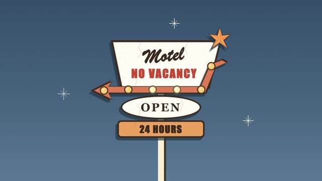 Animated retro neon motel sign glowing in the dark night sky. 4K Video
