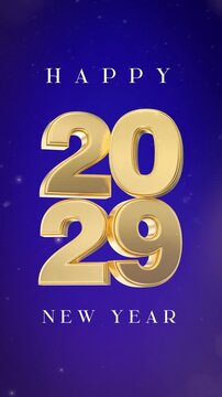 Festive Happy New Year 2029 vertical banner with elegant white and gold 3D numbers on purple.