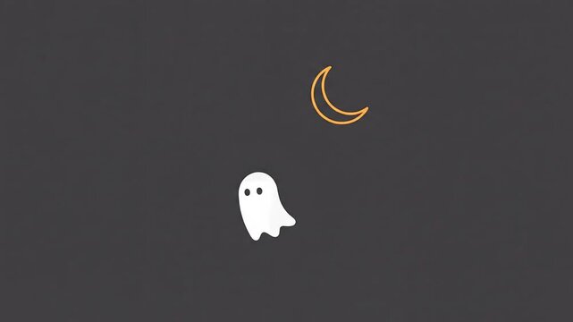 Cute white ghost floating under glowing crescent moon at night