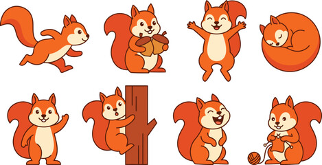 Obraz premium Cute squirrel cartoon character set, 8 orange squirrel vector illustrations in various poses, forest animal mascot collection for children