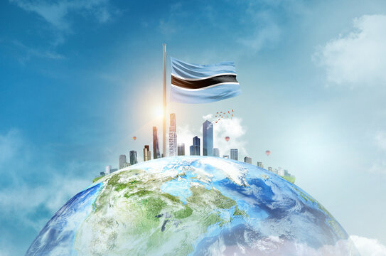 Botswana flag waving on world with modern cityscape. Botswana national flag for independence day.