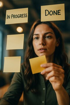 Focused businesswoman organizing agile workflow on glass kanban board with sticky notes labeled in progress and done in modern office.