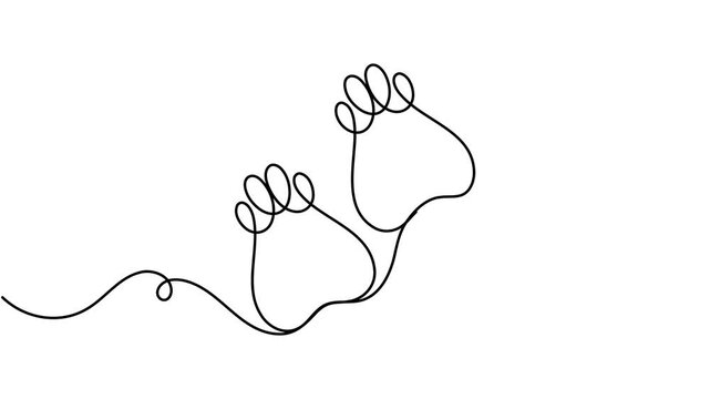 Modern two animal paw prints continuous one line drawing unbroken single art on white background minimalist identity of pet foot in zoology symbol animation video