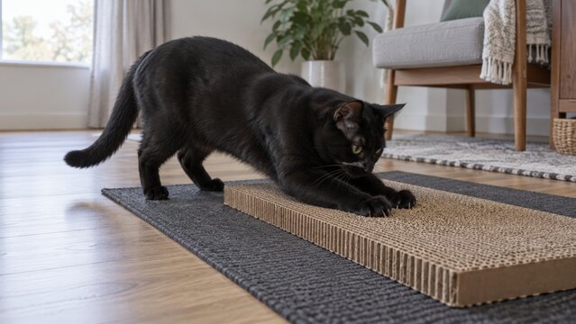 Black cat stretching across a flat corrugated cardboard scratcher on a nonslip mat during indoor enrichment in an apartment sitting room