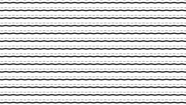 Repeating pattern of horizontal wavy black lines and thin dashed lines on a white background, for textile or, surface projects