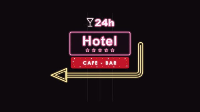 Neon hotel sign with cafe and bar flickering on black background. 4K Video