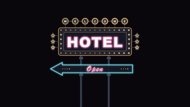 Vintage neon hotel sign lighting up on a dark background. 4K Video
