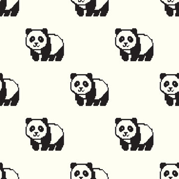 Cute pixel art panda seamless pattern background vector illustration
