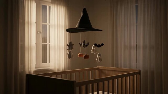 Baby crib with spooky halloween mobile hanging in a dark nursery