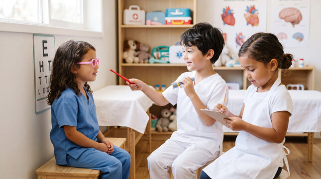 Cute children engaging in eye doctor role play, with a boy pretending to examine a friend's vision using toy medical tools.