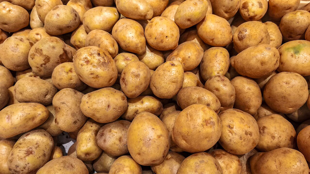 A vibrant top-down view of a large bulk pile of fresh raw potatoes with earthy textures displayed at a market