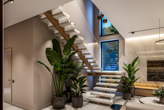 3D render of a luxury open-concept interior featuring a modern living room, dining area, floating staircase, marble accents, and panoramic windows with a pool view