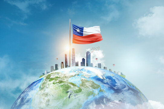 Chile flag waving on world with modern cityscape. Chile national flag for independence day.