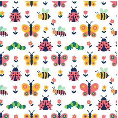 Fototapeta premium Seamless pattern of cartoon insects and flowers