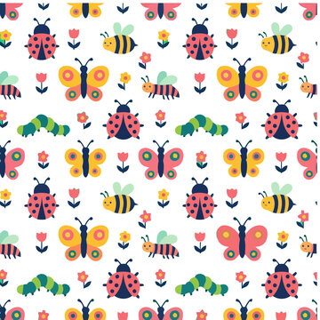 Seamless pattern of cartoon insects and flowers