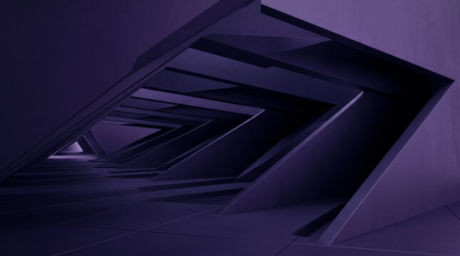 Abstract architectural background with geometric shapes and dark purple lighting, creating a futuristic and modern tunnel perspective