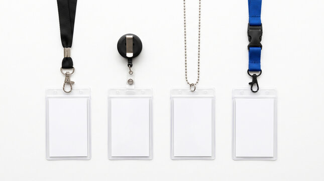 Set of four different empty id card holders with lanyards and badge reels isolated on white background