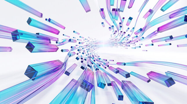Abstract background with floating glass cubes and glowing lines, futuristic digital data flow concept, isolated on white background