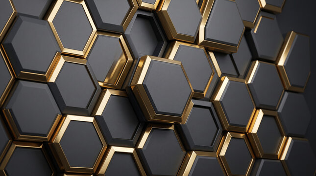 Abstract dark gray and gold 3d hexagonal tiles background pattern