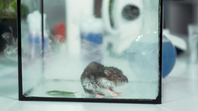 A small brown mouse explores a glass container filled with white smoke inside a laboratory with scientific glassware and a person nearby. Indoor research scene.