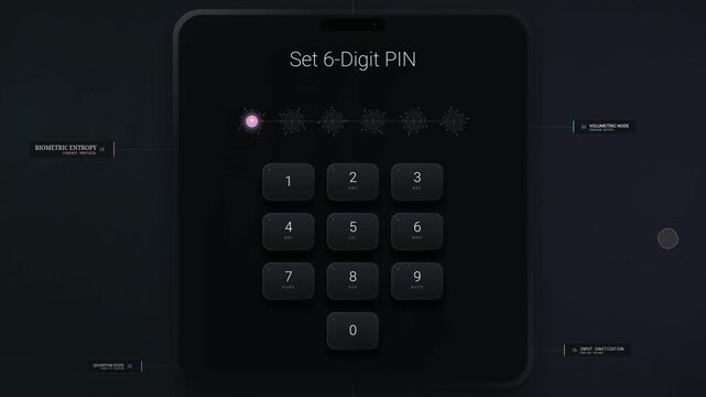 Futuristic digital interface displaying a secure 6-digit PIN setup and confirmation process with advanced cybersecurity features like biometric entropy and quantum state protocols