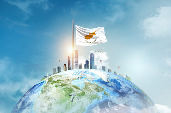 Cyprus flag waving on world with modern cityscape. Cyprus national flag for independence day.