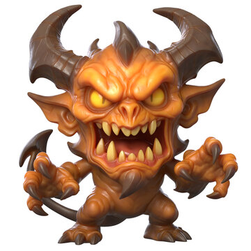 Angry Orange Demon Imp Creature with Large Horns and Sharp Teeth 3D Render Isolated on Transparent Background