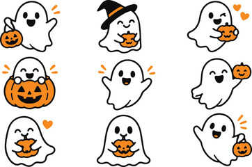 Obraz premium Cute Cartoon Ghost Set With Jack O Lantern Halloween Pumpkins