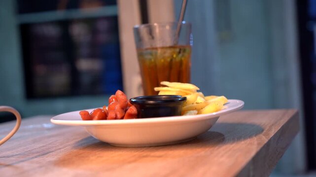 French Fries and Fried Sausages Platter with Iced Tea. French fries and sliced fried sausages served with dipping sauce and iced tea on a wooden table in a cafe setting.