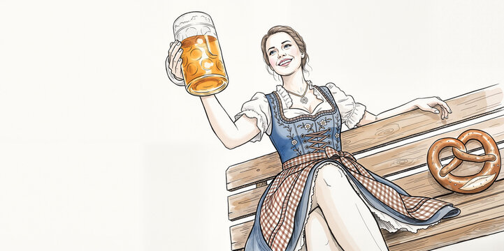 Woman raising a beer stein at Oktoberfest, low-angle Bavarian festival illustration with pretzel and copy space
