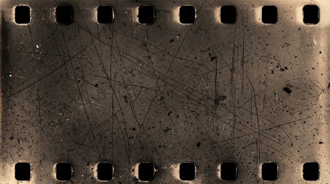 Old filmstrip with sprocket holes and scratches presents a vintage texture