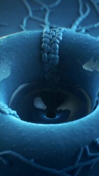 Vertical video: Spreading film arising on torus rim in microview folding into pore with beads