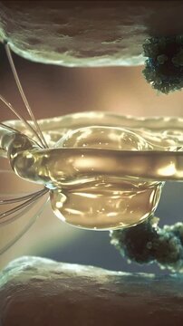 Vertical video: Detaching drop from tube hitting ring in micro view, probes forming dome with speck