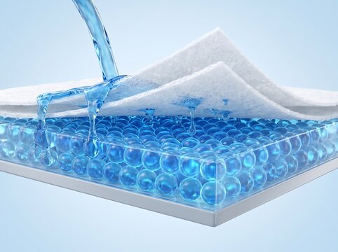 Water pouring on absorbent pad with blue gel beads. Superabsorbent polymer core demo. Hygiene product moisture absorption technology close-up.