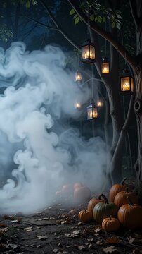 Eerie Forest Path with Hanging Lanterns and Pumpkins - A spooky forest scene at dusk features several antique lanterns hanging from tree branches, casting a warm glow.