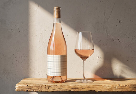 Rosé Bottle and Glass on Wooden bar Label Mockup