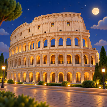 Illuminated Colosseum at Night Under Full Moon in Rome, Italy