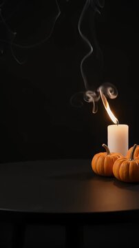 Festive Autumn Candle and Pumpkins with Smoke - A lit white candle sits on a dark surface next to several small, ripe pumpkins, with wisps of smoke curling upwards against a black background.