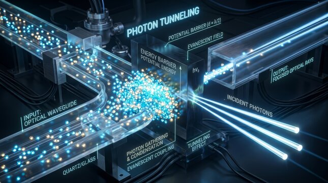 3D Digital Model of Photon Tunneling Effect in Quantum Physics Showing Optical Waveguides, Potential Energy Barriers, Evanescent Fields, and Focused Optical Rays for Scientific Research Technology