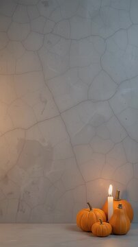 Festive Pumpkins and Candle on Textured Surface - A warm, ambient scene featuring a collection of small, orange pumpkins gathered around a lit white candle.