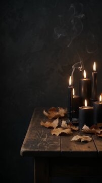 Flickering Black Candles on Rustic Table with Autumn Leaves - Several black pillar candles flicker and emit smoke on a dark, rustic wooden table scattered with dry autumn leaves.