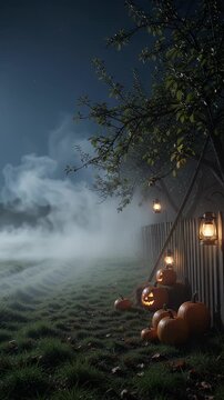 Foggy Orchard Halloween Night with Pumpkins and Lanterns - A spooky Halloween scene unfolds in a foggy orchard at night.