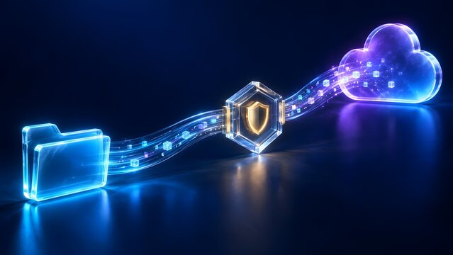 Secure digital data stream flowing from folder through protective shield into cloud storage network