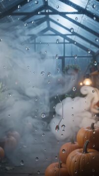 Halloween Greenhouse Pumpkins Through Rainy Window - A spooky Halloween scene unfolds inside a greenhouse, viewed through a window covered in raindrops.