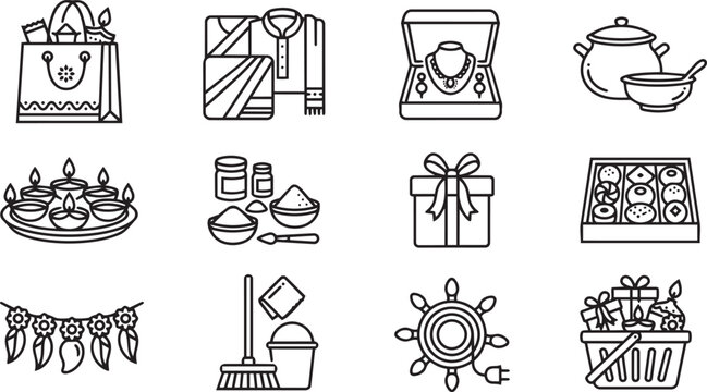 Diwali shopping festival gifts and Dhanteras celebration line icon set vector illustration.